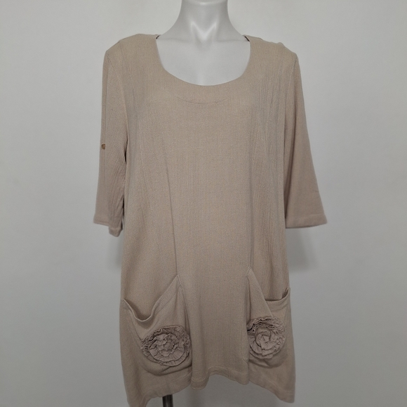 Soft Surroundings Beige Flower Pockets Lagenlook Linen Blend Baggy Tunic Top M - Picture 2 of 16
